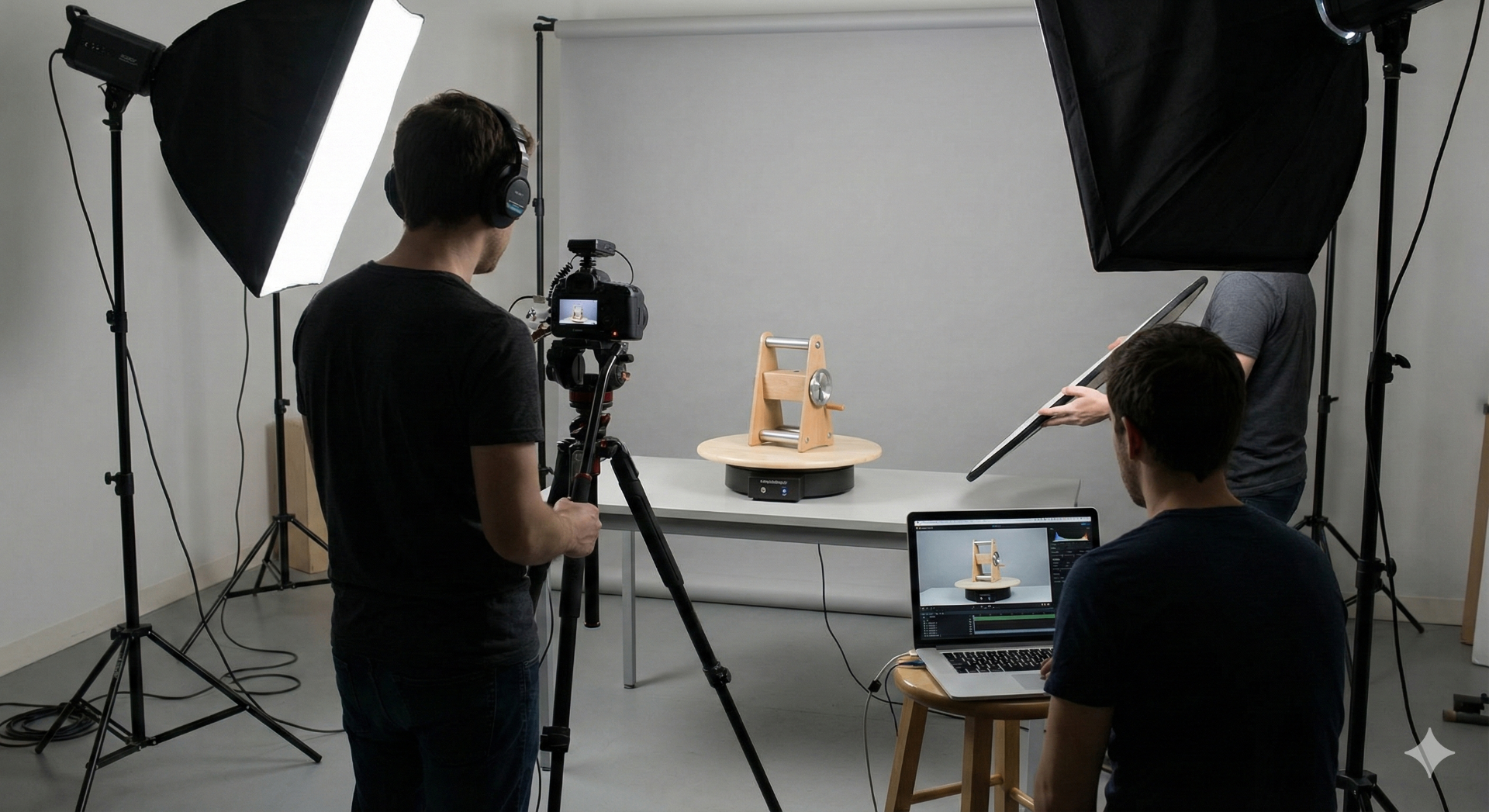 Video and photo crew filming a physical product on a turntable for a Kickstarter campaign