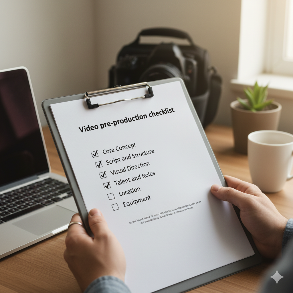 Kickstarter video pre-production checklist on clipboard showing core concept, script, visual direction, talent, location, and equipment planning items