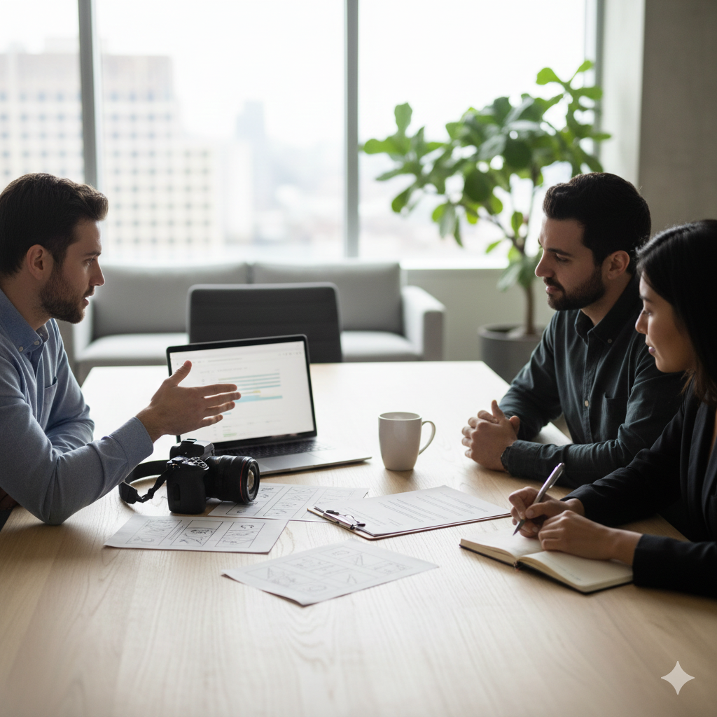 Kickstarter video pre-production planning meeting with team reviewing storyboard, shot list, and campaign strategy for crowdfunding video shoot 2025