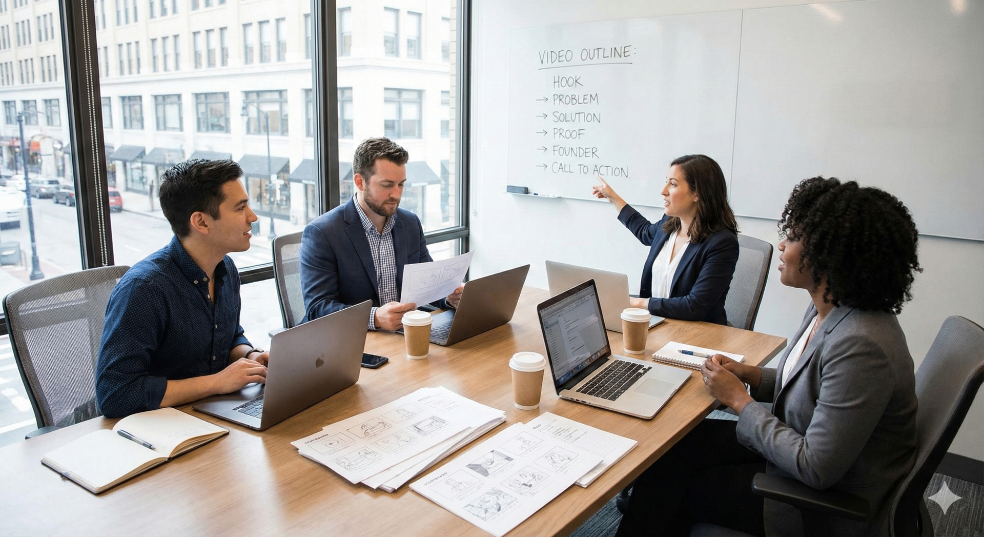 Kickstarter video pre-production planning meeting with team reviewing video outline, script structure, and storyboard for crowdfunding campaign