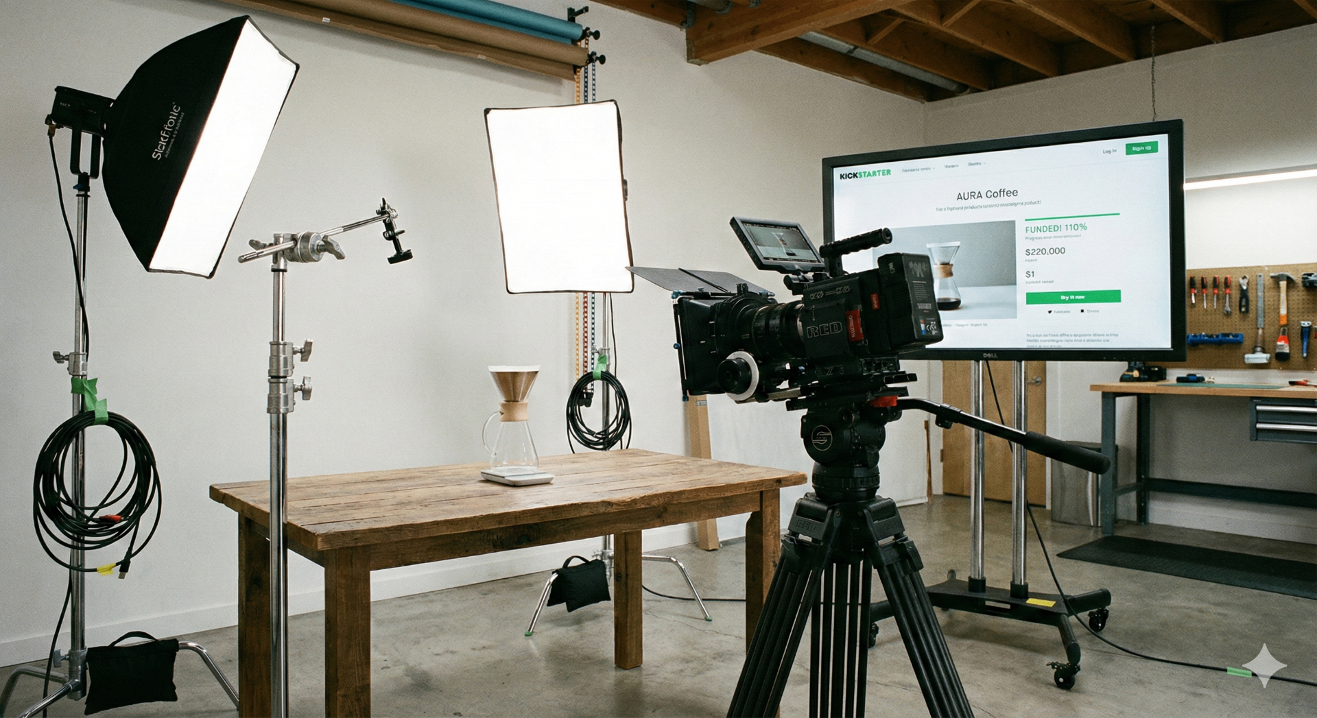 Professional Kickstarter video production studio setup with camera equipment, lighting, and product display for crowdfunding campaign video shoot 2025