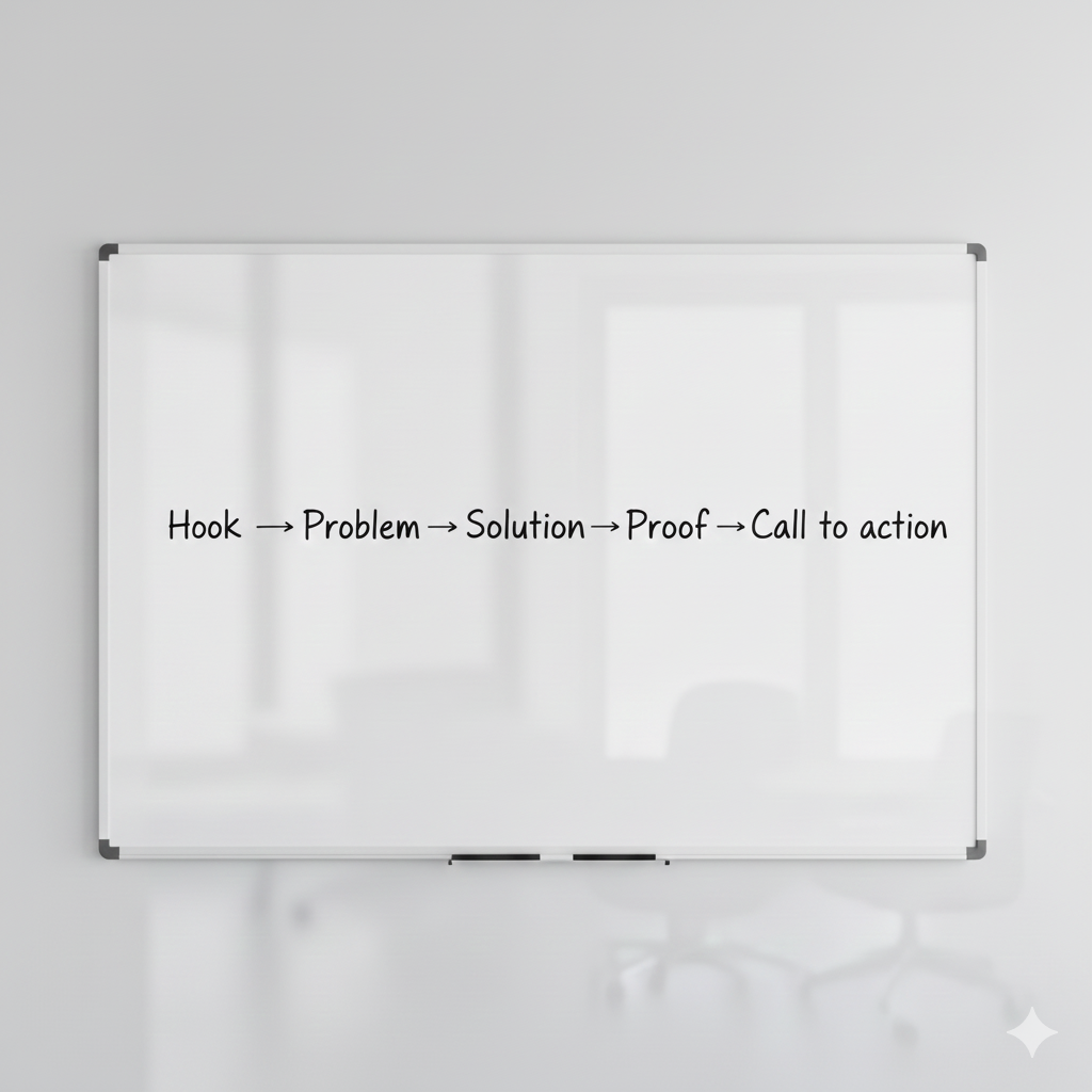 Kickstarter video script structure: Hook → Problem → Solution → Proof → Call to action for crowdfunding campaigns