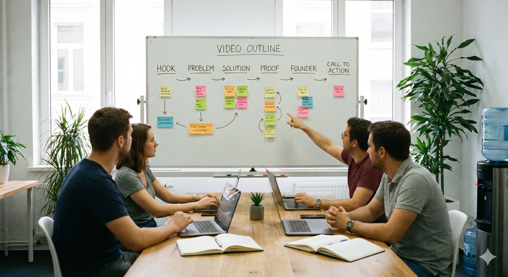 Kickstarter video script planning session with team mapping video outline structure: hook, problem, solution, proof, founder, call to action