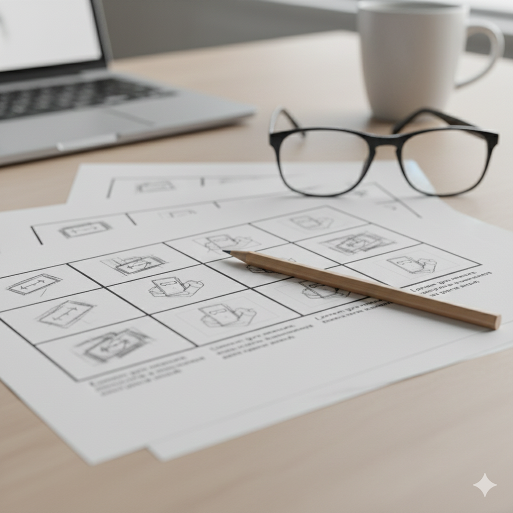 Simple Kickstarter video storyboard and shot list sketches on desk showing scene planning frames for crowdfunding campaign video production
