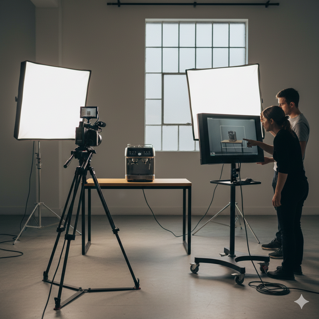 Professional Kickstarter video studio setup in US or Europe with camera, lighting, monitor, and product ready for crowdfunding campaign video production