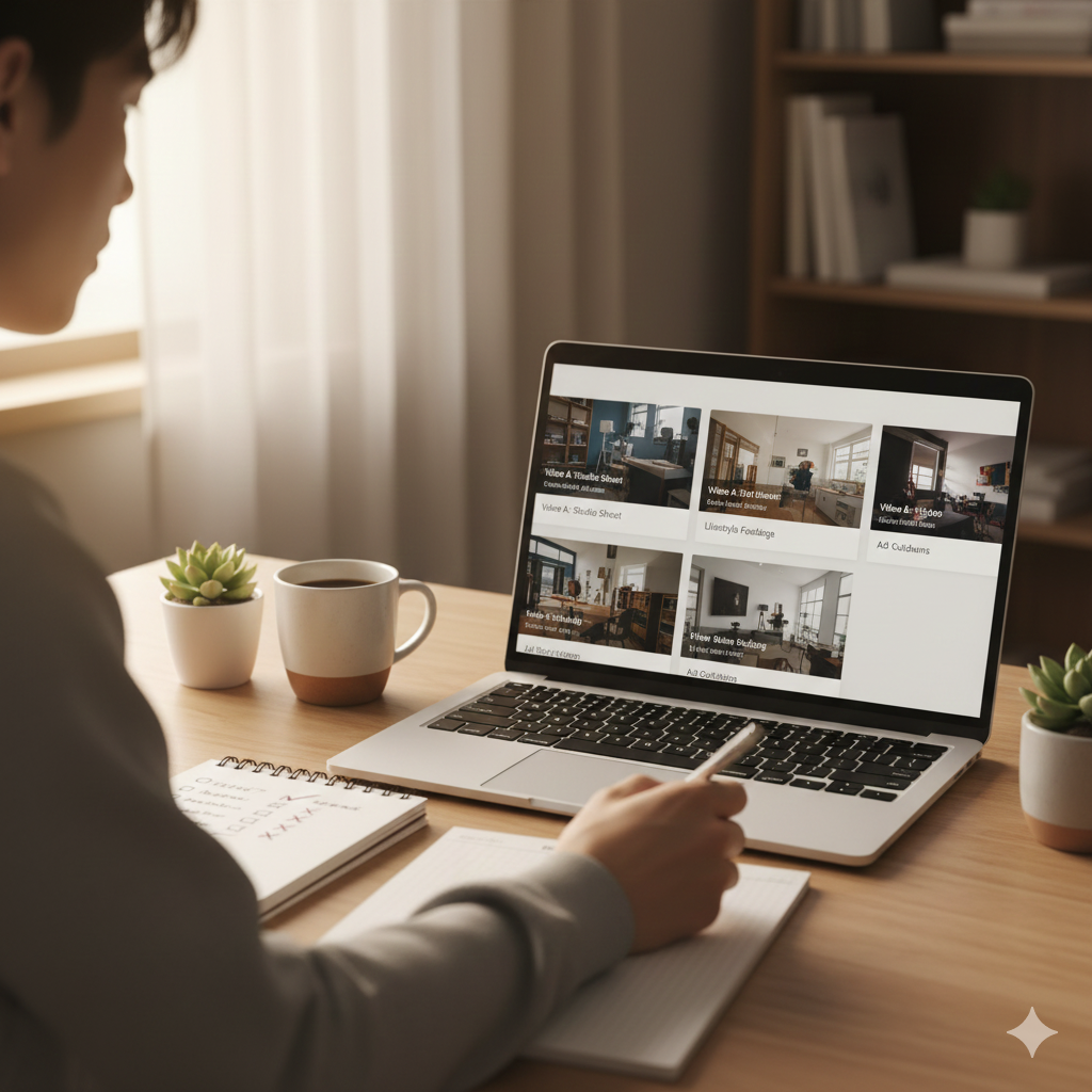 Creator comparing Kickstarter video production studios and options on laptop, evaluating portfolio samples and studio capabilities for crowdfunding video