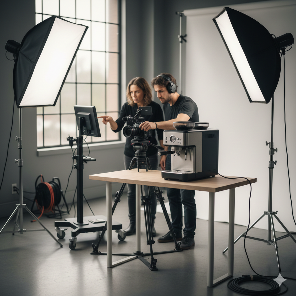 Professional Kickstarter video production studio with crew filming product demonstration for crowdfunding campaign