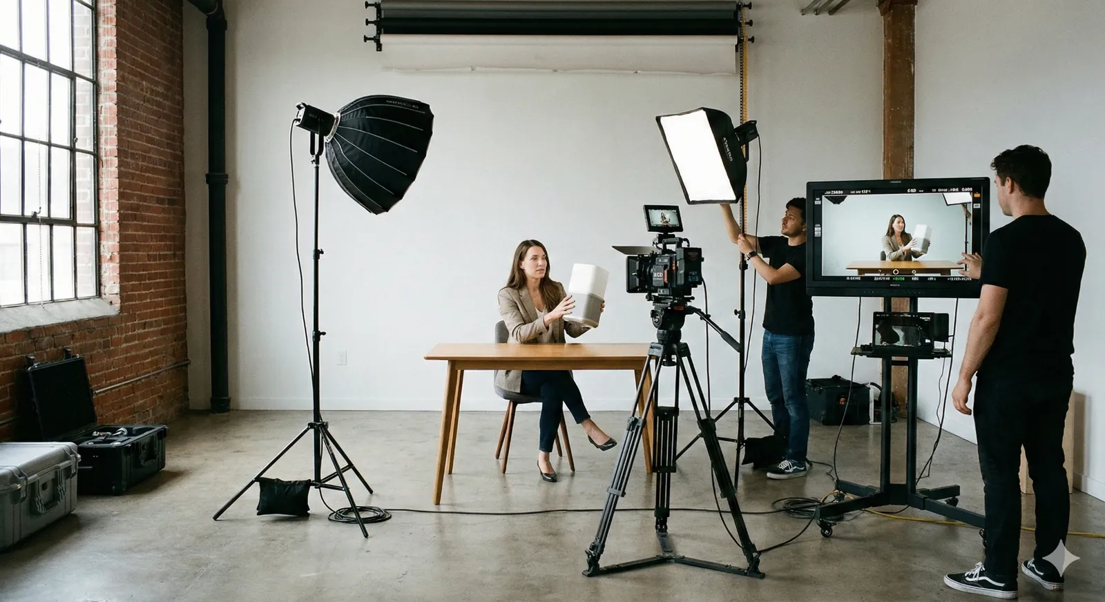 Professional Kickstarter video studio shoot with founder presenting product, lighting crew, and live monitor for crowdfunding campaign
