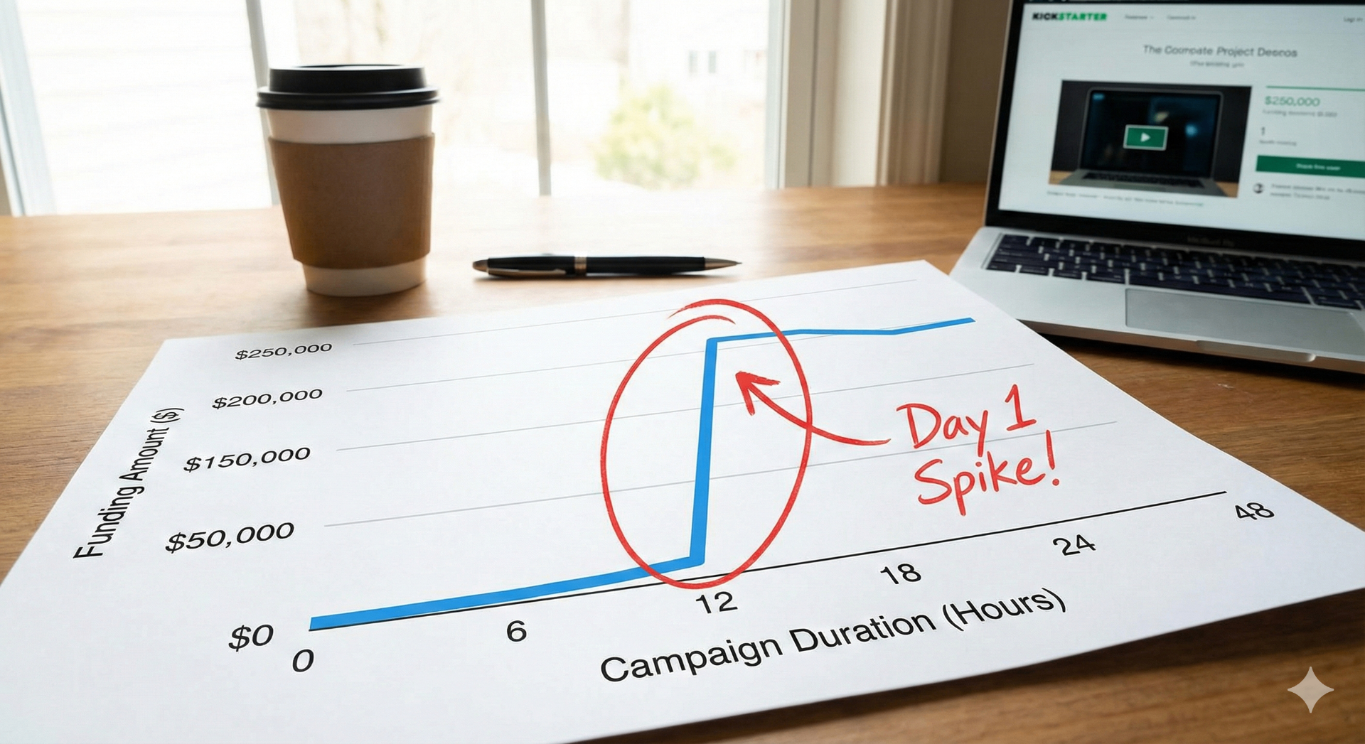 Launch day funding surge visualization showing Day 1 spike in campaign funding over first 48 hours