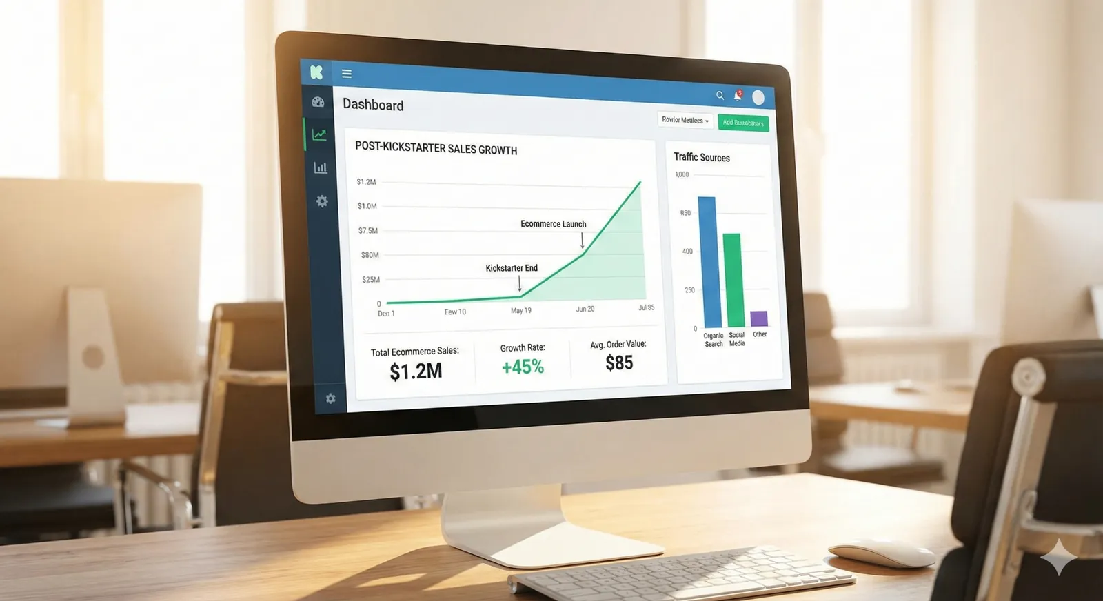 Post-Kickstarter sales growth dashboard showing ecommerce launch trajectory and traffic sources