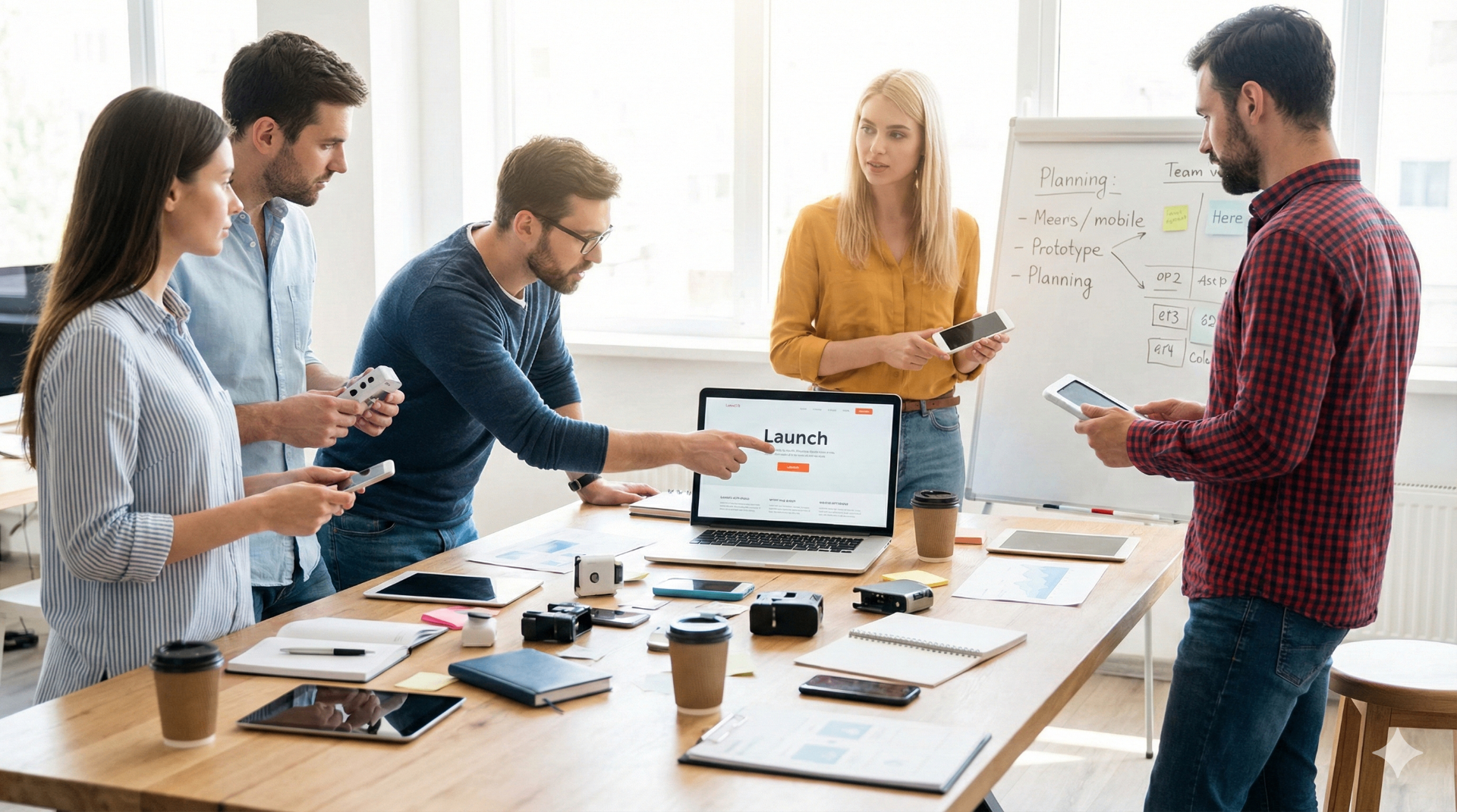 Pre-launch preparation team planning Kickstarter campaign launch with prototypes and planning boards