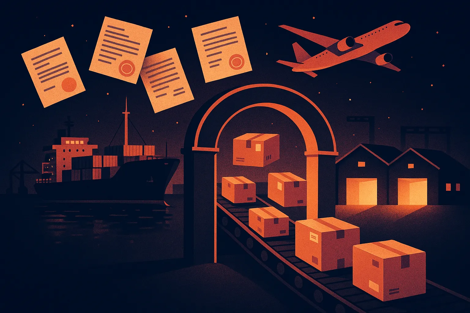 Cross-border shipping route from a Chinese factory through customs to US and EU warehouses