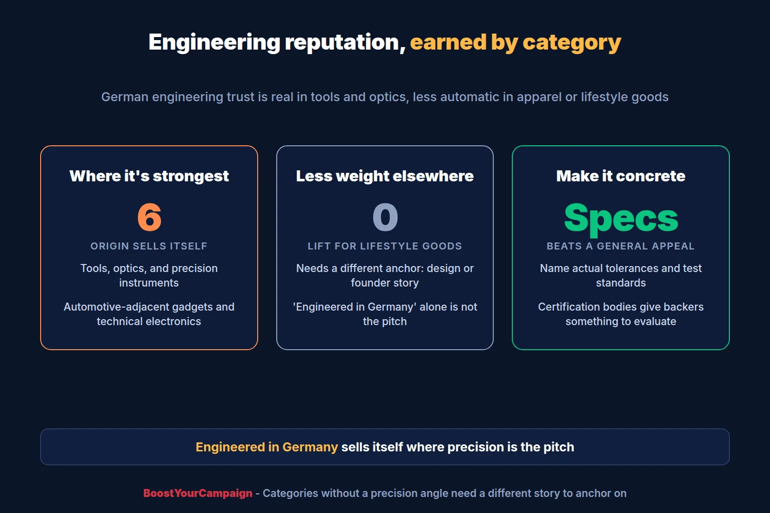 Close-up of precision-engineered mechanical components for a German hardware crowdfunding campaign