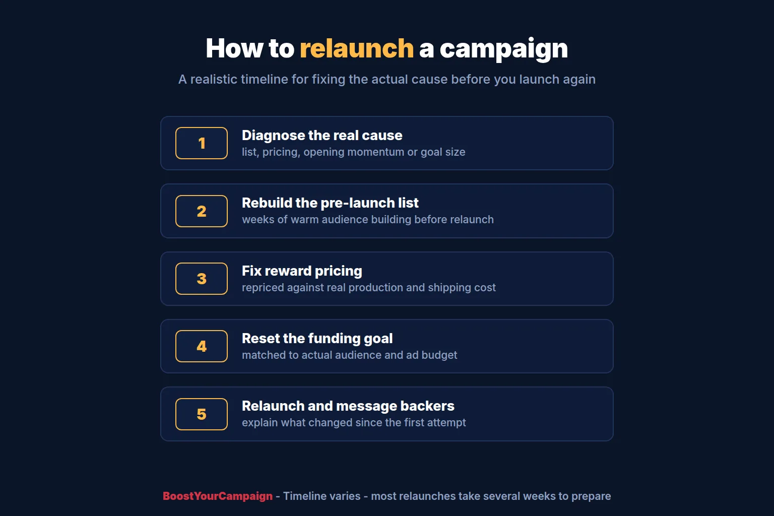 Step-by-step relaunch timeline after a failed Kickstarter
