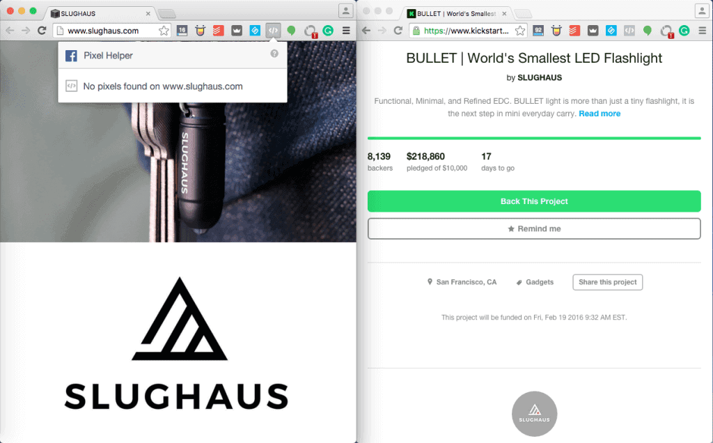 Screenshot showing Facebook Pixel Helper and Slughaus Kickstarter campaign